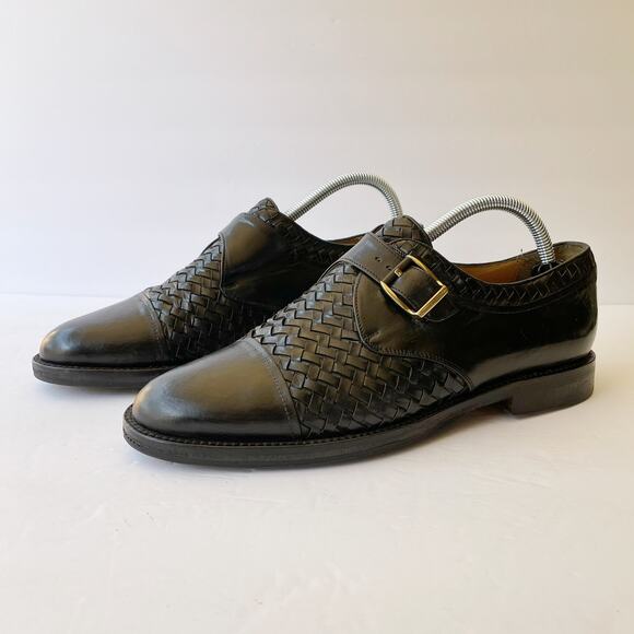Peter Huber Black Leather Woven Leather Oxford Buckle 8 Monk Strap - Picture 1 of 11
